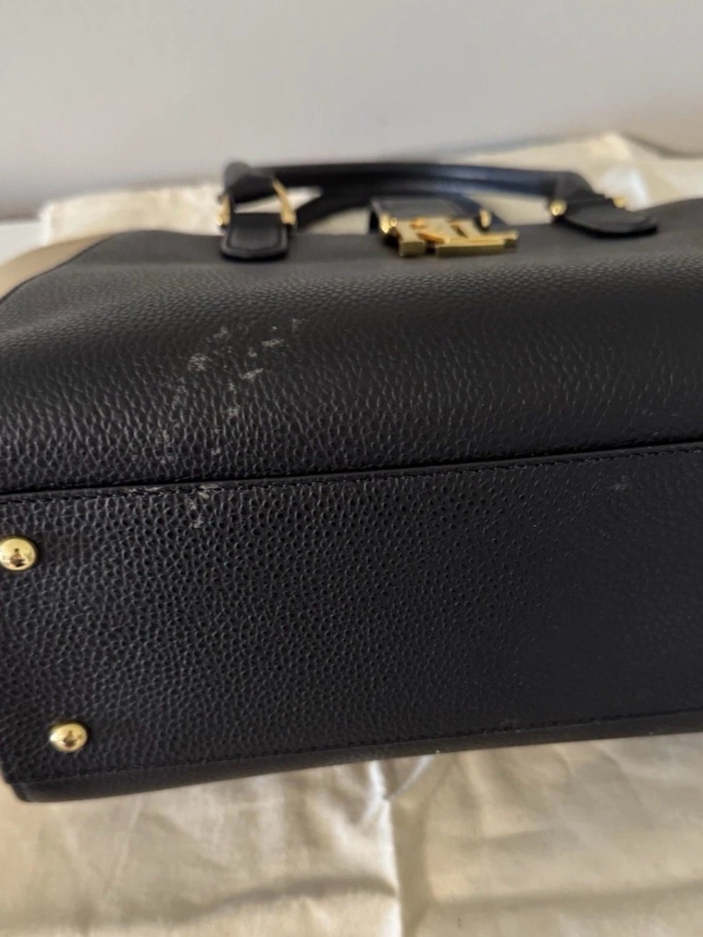 Lauren Ralph Lauren Black and Beige Pebbled Leather Satchel with Gold RL Accent - Picture 14 of 15